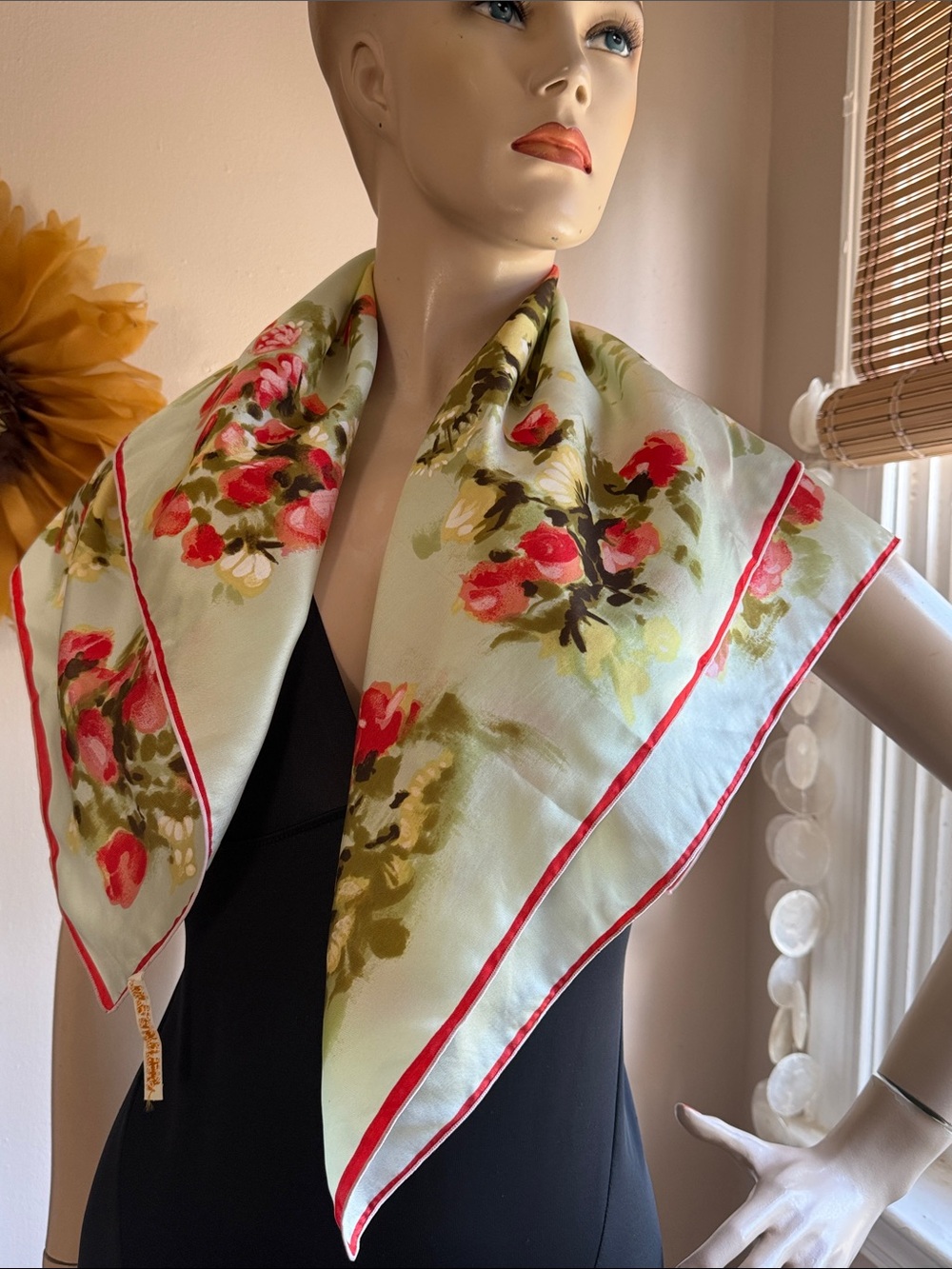 Vintage Light Green Floral Silk Scarf - Picture 11 of 15